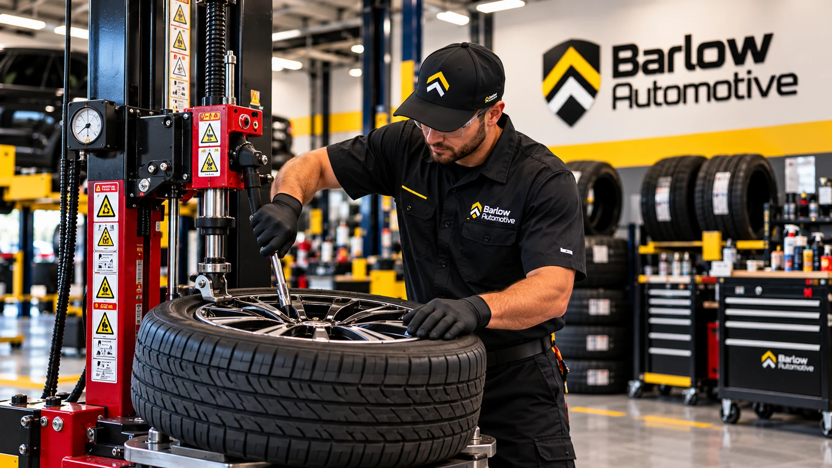 Technician working on a tire and wheel using tire service equipment.